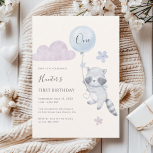 Cute Racoon Flying Balloon Boy First Birthday  Invitation