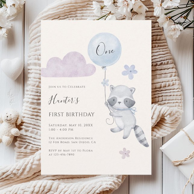 Cute Racoon Flying Balloon Boy First Birthday  Invitation (Creator Uploaded)