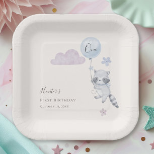 Cute Racoon Flying Balloon Boy First Birthday Paper Plate