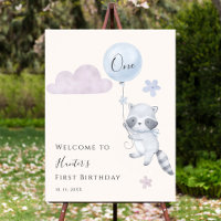 Cute Racoon Flying Balloon First Birthday Welcome