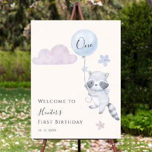 Cute Racoon Flying Balloon First Birthday Welcome Poster