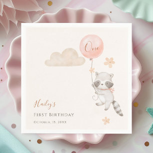 Cute Racoon Flying Balloon Girl First Birthday  Napkin