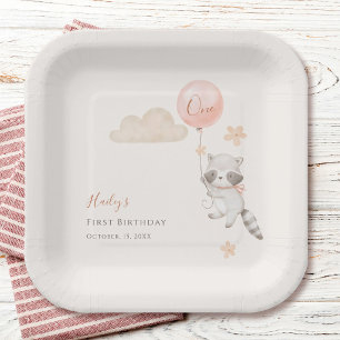 Cute Racoon Flying Balloon Girl First Birthday  Paper Plate