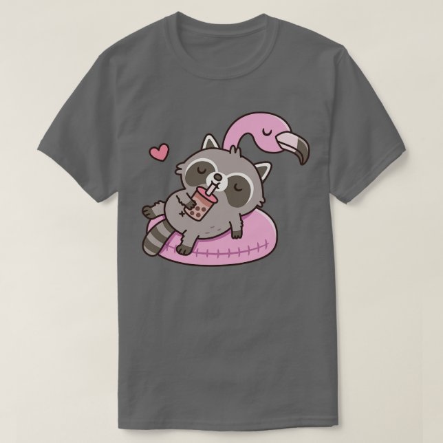 Cute Racoon g on Flamingo Pool Float T-Shirt (Design Front)