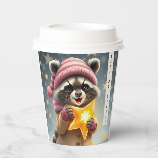 Cute racoon girl pink-sand colour winter outfit  paper cups (Front)