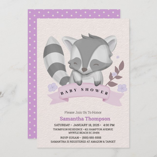 Cute Racoon Girls Purple  Baby Shower  Invitation (Front/Back)
