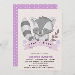 Cute Racoon Girls Purple  Baby Shower  Invitation