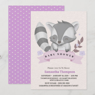 Cute Racoon Girls Purple Baby Shower Invitation