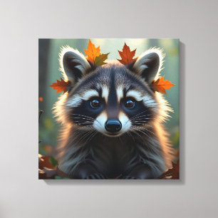 Cute Racoon in Fall Leaves Canvas Print