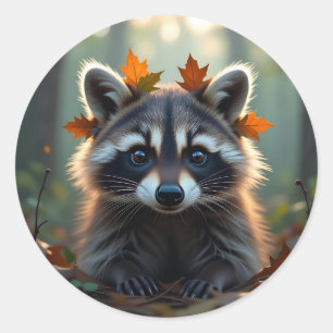 Cute Racoon in Fall Leaves Classic Round Sticker