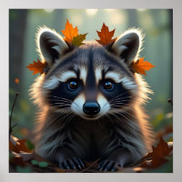 Cute Racoon in Fall Leaves