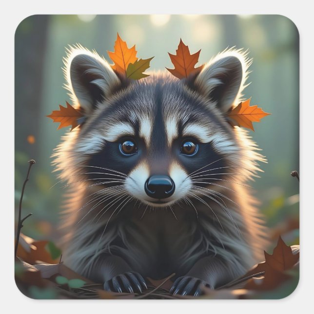 Cute Racoon in Fall Leaves Square Sticker (Front)