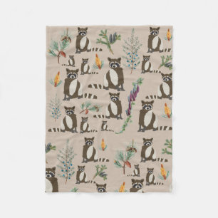 Cute Racoon in Pine Forest Pattern  Fleece Blanket