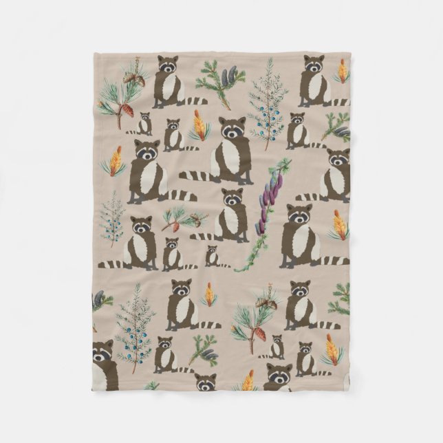 Cute Racoon in Pine Forest Pattern  Fleece Blanket (Front)