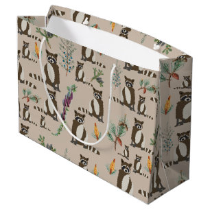 Cute Racoon in Pine Forest Pattern Large Gift Bag