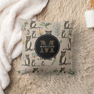 Cute Racoon in Pine Forest Pattern Monogram Cushion