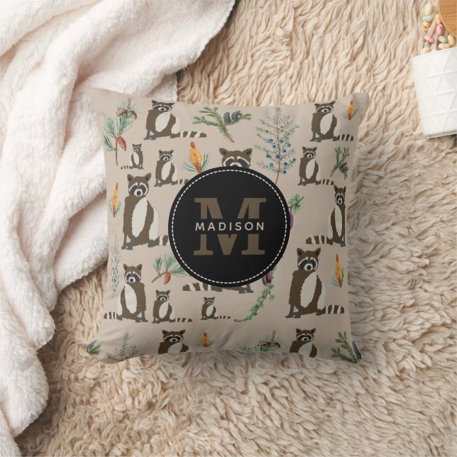 Cute Racoon in Pine Forest Pattern Monogram Cushion (Blanket)