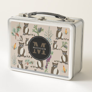 Cute Racoon in Pine Forest Pattern Monogram Metal Lunch Box