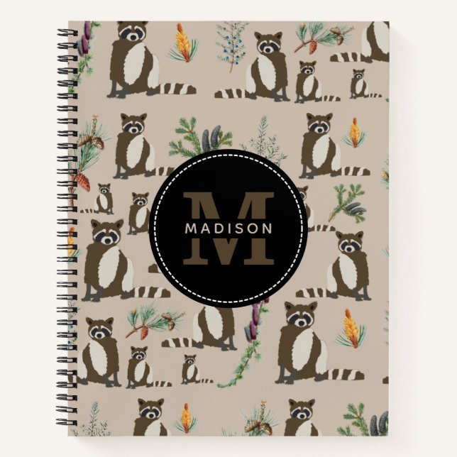 Cute Racoon in Pine Forest Pattern Monogram  Notebook (Front)