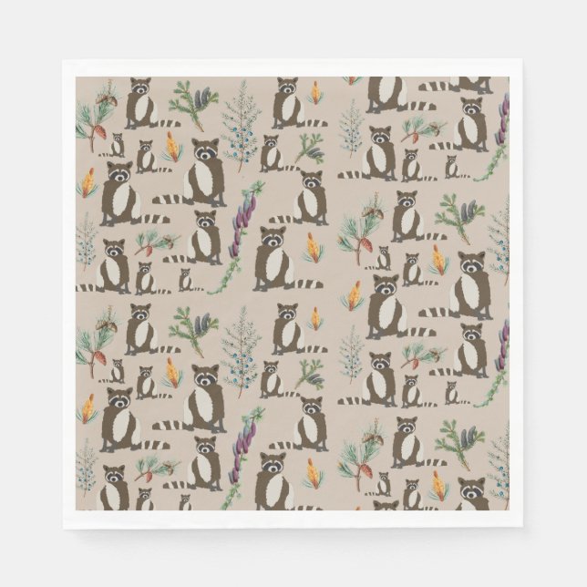 Cute Racoon in Pine Forest Pattern Napkin (Front)