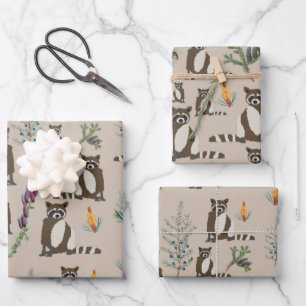Cute Racoon in Pine Forest Pattern Wrapping Paper Sheet