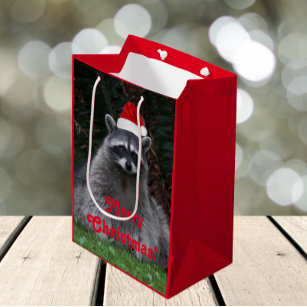 Cute Racoon in Santa Hat Holiday Medium Gift Bag