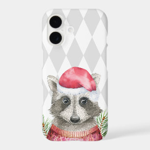 Cute Racoon in Santa Hat with Harlequin Pattern