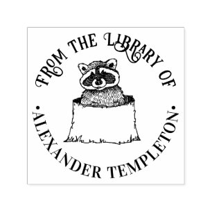 Cute Racoon in Tree Stump Round Library Book Name Self-inking Stamp