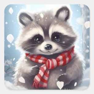 Cute Racoon Knitted Scarf Square Sticker