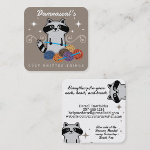 Cute racoon knitting needles yarn crafts square business card