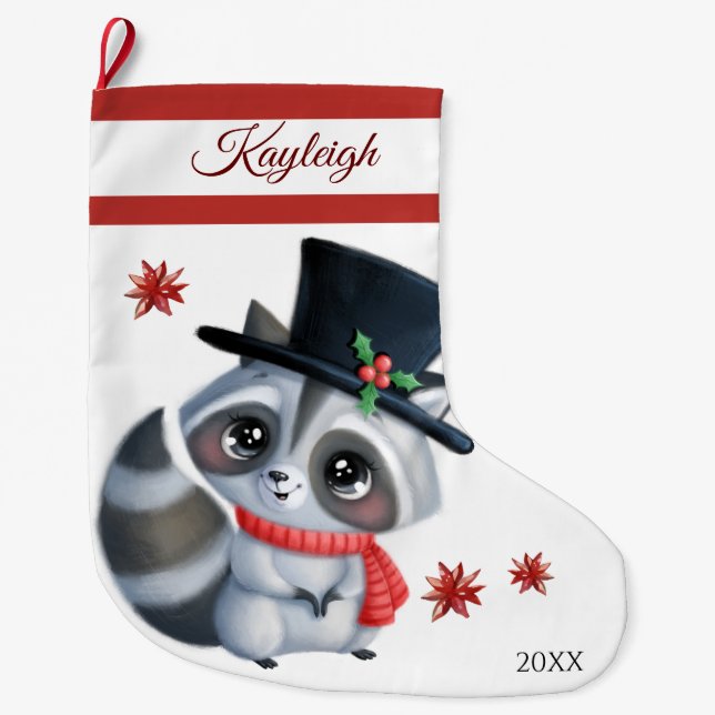 Cute Racoon Large Christmas Stocking (Front)