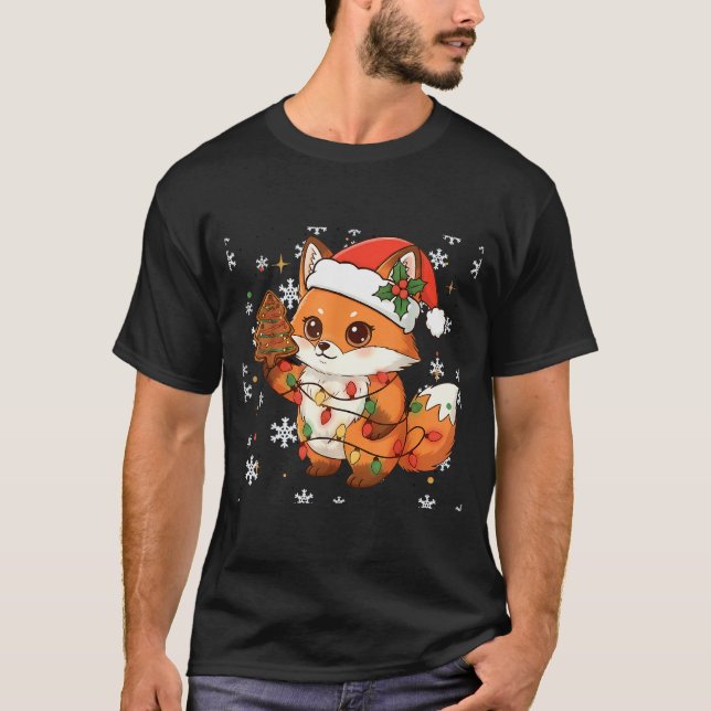 Cute Racoon Lights Tree Cake Funny Xmas Merry Chri T-Shirt (Front)