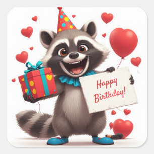 Cute Racoon Party With Gift Box 🦝 Square Sticker