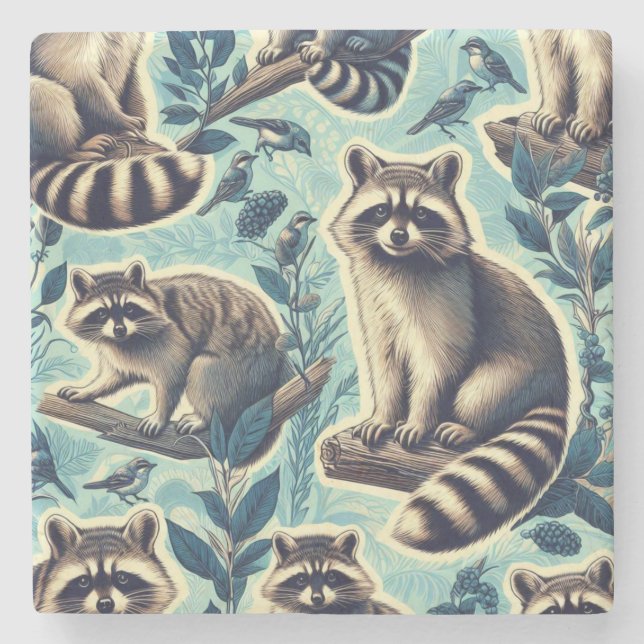 Cute Racoon Pattern Stone Coaster (Front)