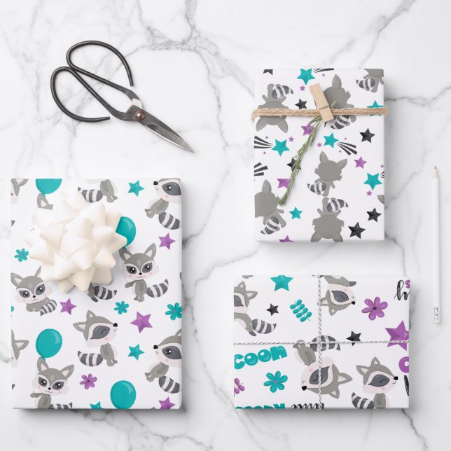 Cute Racoon Patterns Wrapping Paper Sheet (Front)