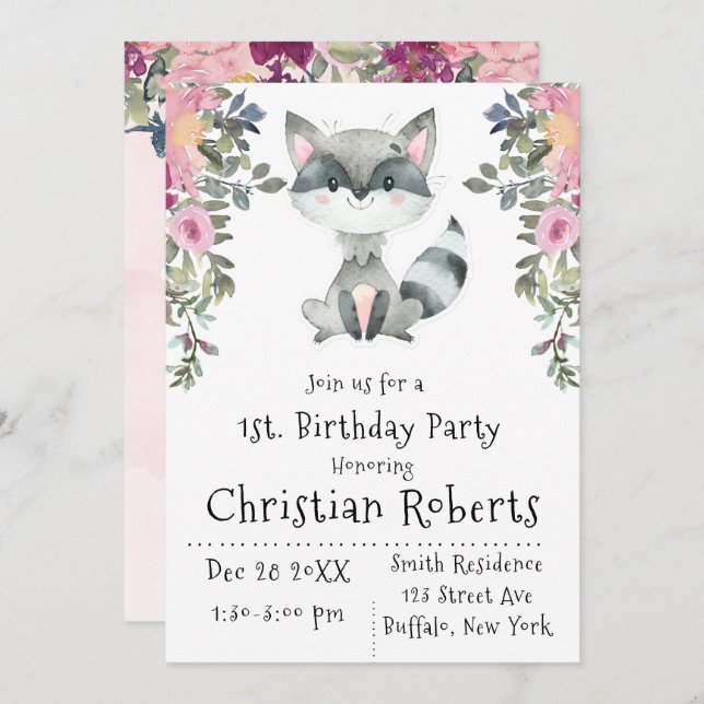 Cute Racoon Peony Birthday Party Invitations  (Front/Back)