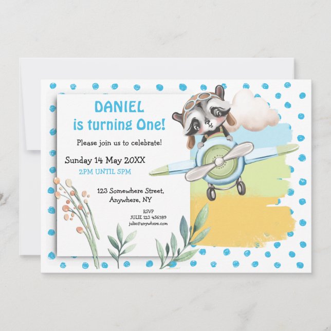 Cute Racoon Pilot Blue Dots First Birthday Party Invitation (Front)