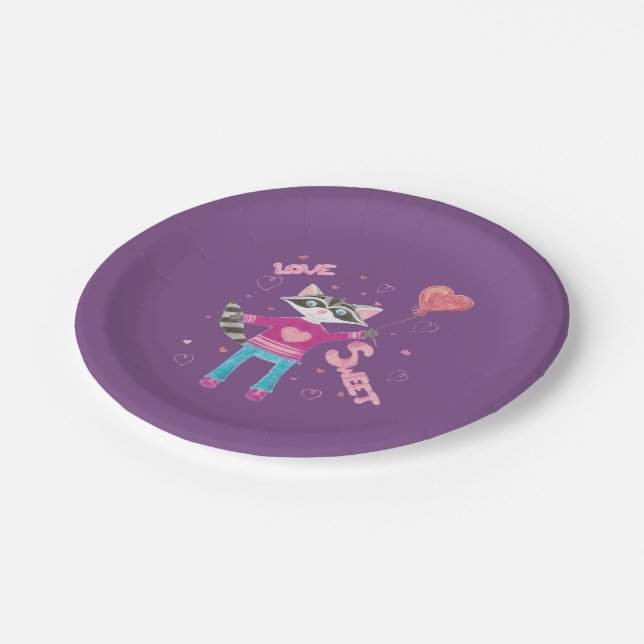 Cute racoon purple kids Valentine's Day plates (Angled)