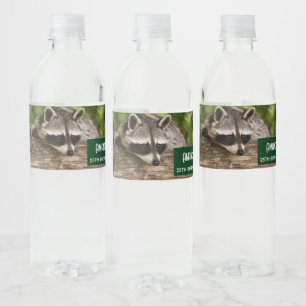Cute Racoon Resting on a Log Birthday Water Bottle Label