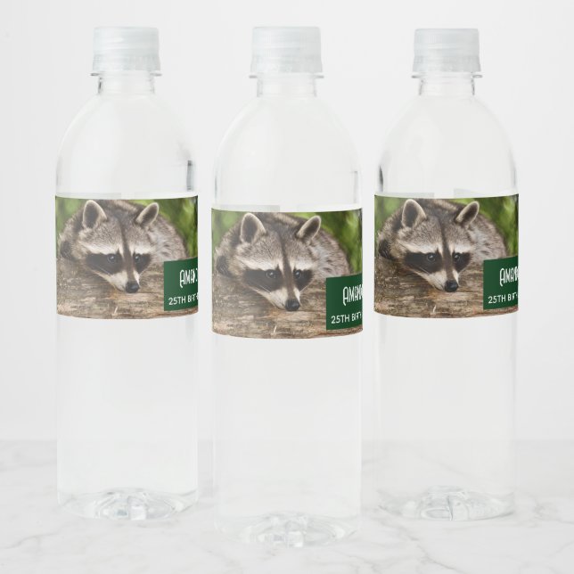 Cute Racoon Resting on a Log Birthday Water Bottle Label (Bottles)