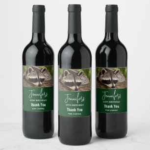 Cute Racoon Resting on a Log Birthday Wine Label
