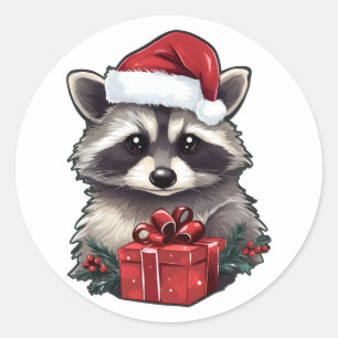 Cute Racoon Santa Hat Classic Round Sticker