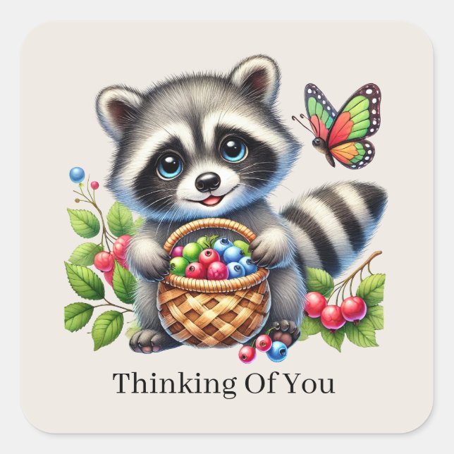 Cute racoon thinking of you  square sticker (Front)