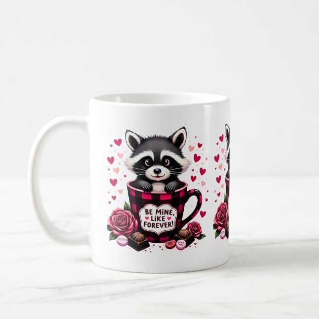 Cute Racoon Valentine Buffalo Plaid Aesthetic Coffee Mug (Left)