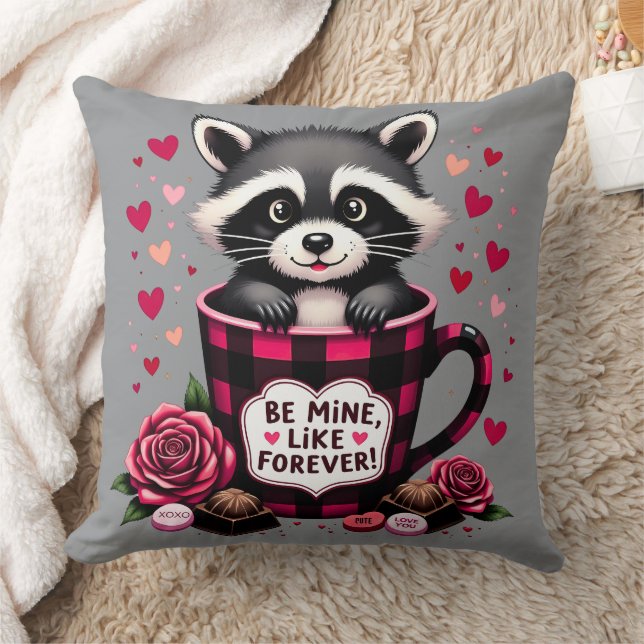 Cute Racoon Valentine Buffalo Plaid Aesthetic Cushion (Blanket)