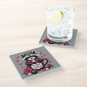 Cute Racoon Valentine Buffalo Plaid Aesthetic Glass Coaster