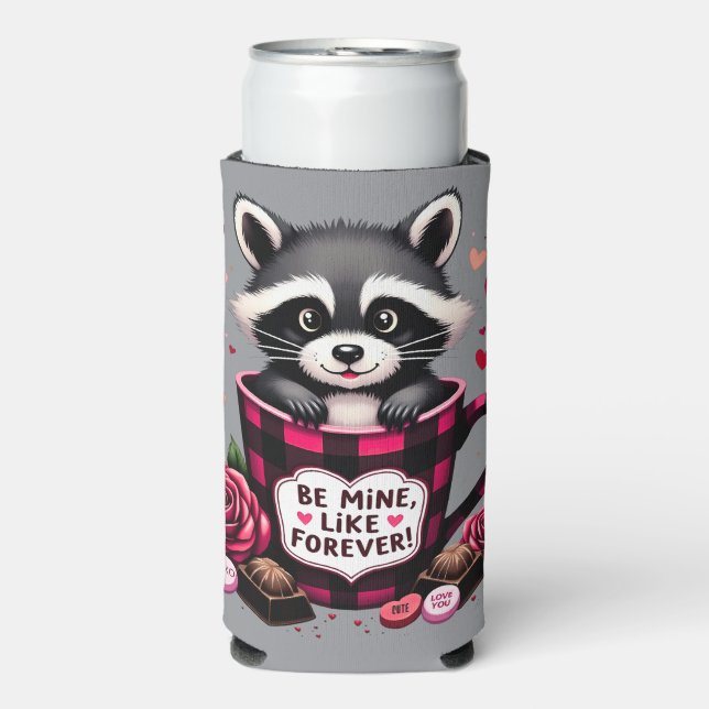 Cute Racoon Valentine Buffalo Plaid Aesthetic Seltzer Can Cooler (Seltzer Front)