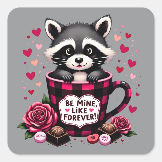 Cute Racoon Valentine Buffalo Plaid Aesthetic Square Sticker (Front)