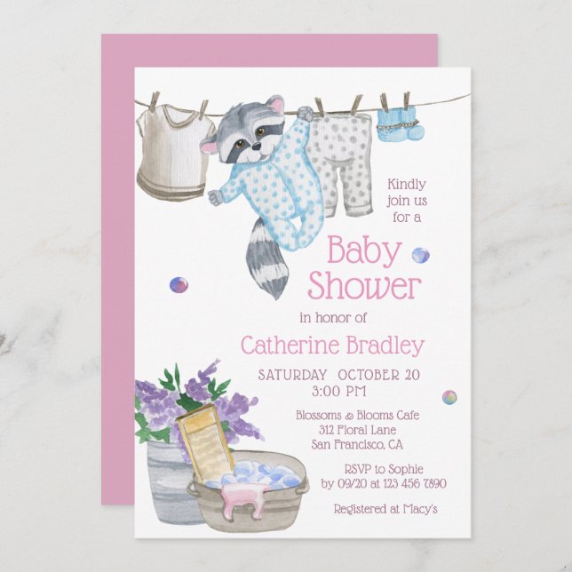 Cute Racoon Wash Day Watercolor Baby Shower Invitation (Front/Back)