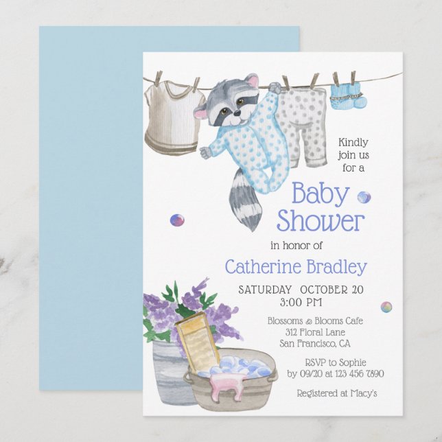 Cute Racoon Wash Day Watercolor Baby Shower Invitation (Front/Back)